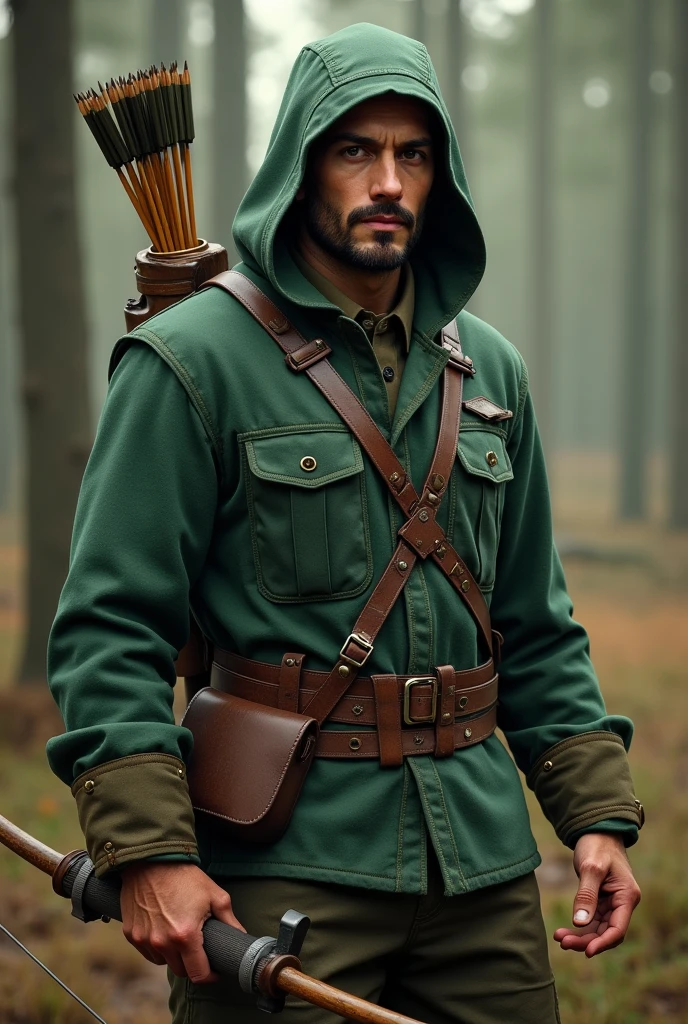 asculine presence with defined features, exuding a sense of confidence and focus. He is dressed in a green hunter's outfit with a matching hood, blending seamlessly with the natural surroundings. In his hand, he holds a traditional bow and a set of arrows, showcasing his skills as a skilled hunter. The scene captures his poised stance, highlighting his readiness and strength. The background complements his attire, with hints of a natural environment, creating an atmosphere of adventure and prowess.