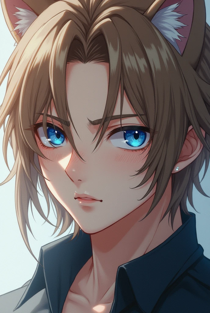A man with blue feline eyes and long light brown anime hair
