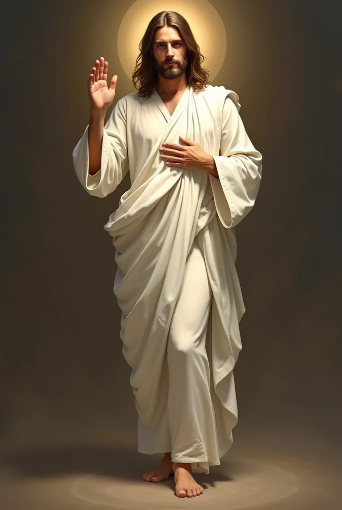 Full-length portrait of Jesus Christ standing, barefoot, face of Jesus from the front, merciful, beautiful and serene impressive realistic, Jesus of Nazareth, White tunic, right hand raised in a blessing position and the left on his chest