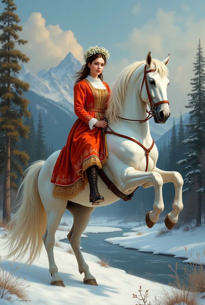 Realism, posing charming
Slavic
girl 20 years old, Slavic Christian bright multi-colored clothes 1880, sits on a white horse rearing up from the camera at a distance of 2 meters,
in her hair a wreath of snowdrops, in the background a pine forest, a river, mountains covered with snow,
Style - Ivan Shishkin, Vasily Polenov, Vasily Surikov, Isaac Levitan, Ilya Repin.