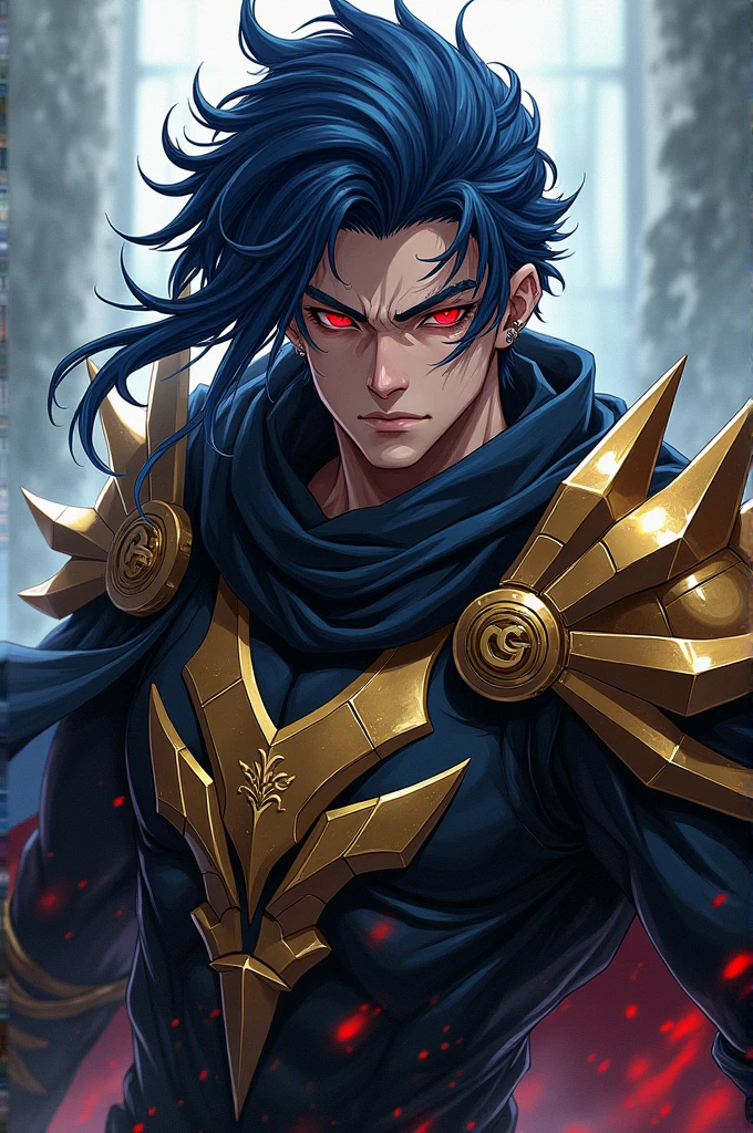 could you create a male character with the aesthetics of the anime jujutsu kaisen who has long dark blue hair, skewers, that conveys rebellion rough features bright intense red eyes fun and smiling expression He wears a golden knight armor inspired by scorpion, with angular lines and gold details 