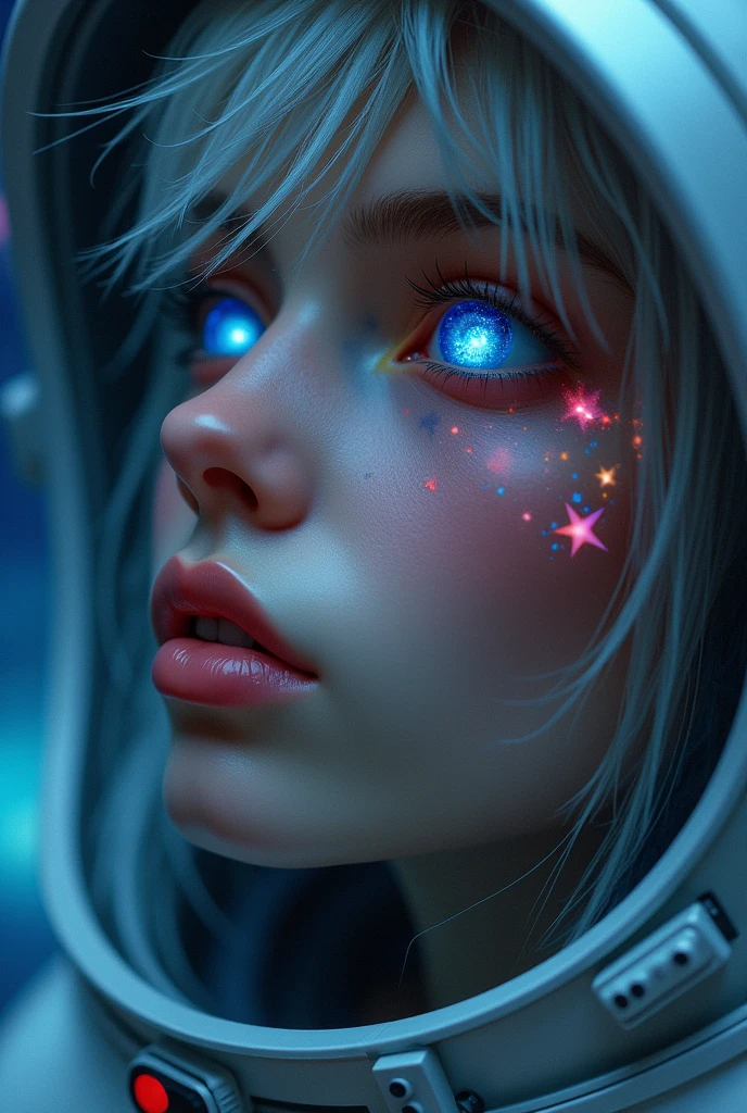 (Close-up of a better masterpiece:1.5)0.9], (Space and astronauts:1.2) (Messy silver hair:1.1) (Heterochromia xanthochromia and blue eyes:1.2) (Space Helmet:1.0) (Colored stars in the eyes:1.0) (A radiant glow:1.1) (thick lips:0.9)