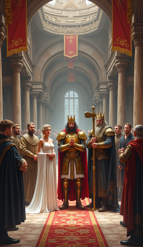 Illustrate a signing ceremony of a peace treaty between the kingdoms, kingdom with king arlock man with golden armor and crown, Queen Ailith with her white cloak and her staff in her magician&#39;s hand and the king of the dwarves a dwarf king at the height of the king ARLOCK with his bronze armor and his two-sided axe with leaders and representatives of the three kingdoms present. The setting should be a large hall or courtyard, with flags and symbols of each kingdom visible and architectural details and clothing consistent with the medieval era.