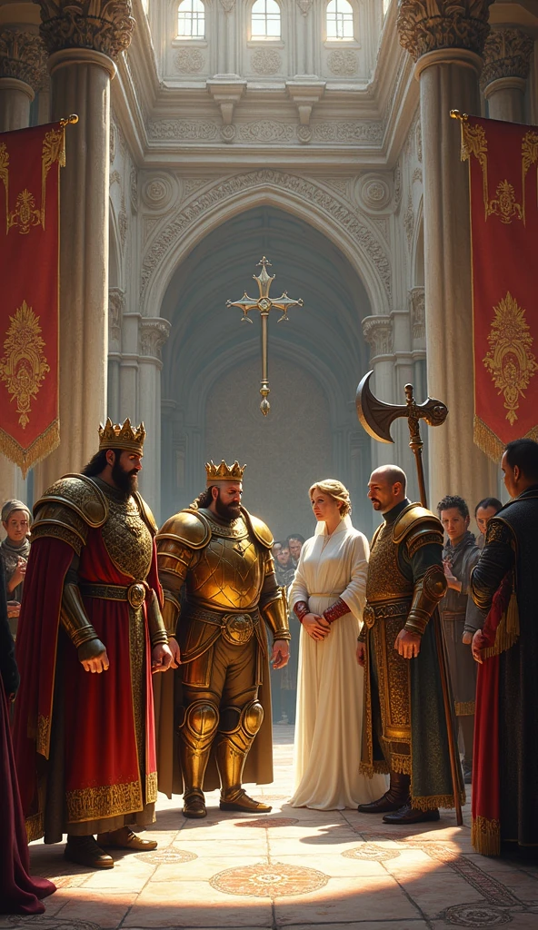 Illustrate a signing ceremony of a peace treaty between the kingdoms, kingdom with king arlock man with golden armor and crown, Queen Ailith with her white cloak and her staff in her magician's hand and the king of the dwarves a dwarf king at the height of the king ARLOCK with his bronze armor and his two-sided axe with leaders and representatives of the three kingdoms present. The setting should be a large hall or courtyard, with flags and symbols of each kingdom visible and architectural details and clothing consistent with the medieval era.