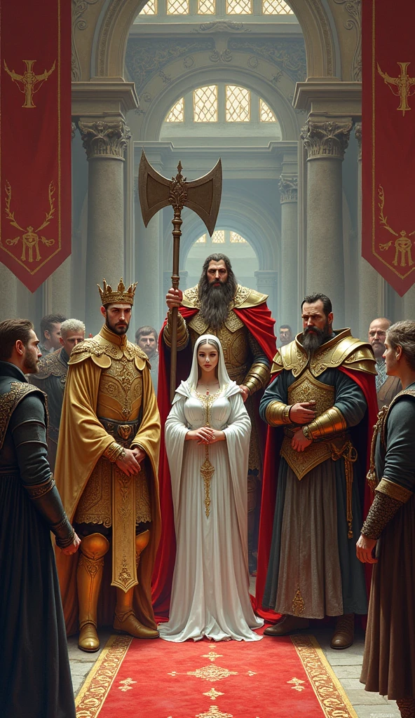 Illustrate a signing ceremony of a peace treaty between the kingdoms, kingdom with king arlock man with golden armor and crown, Queen Ailith with her white cloak and her staff in her magician&#39;s hand and the king of the dwarves a dwarf king at the height of the king ARLOCK with his bronze armor and his two-sided axe with leaders and representatives of the three kingdoms present. The setting should be a large hall or courtyard, with flags and symbols of each kingdom visible and architectural details and clothing consistent with the medieval era.