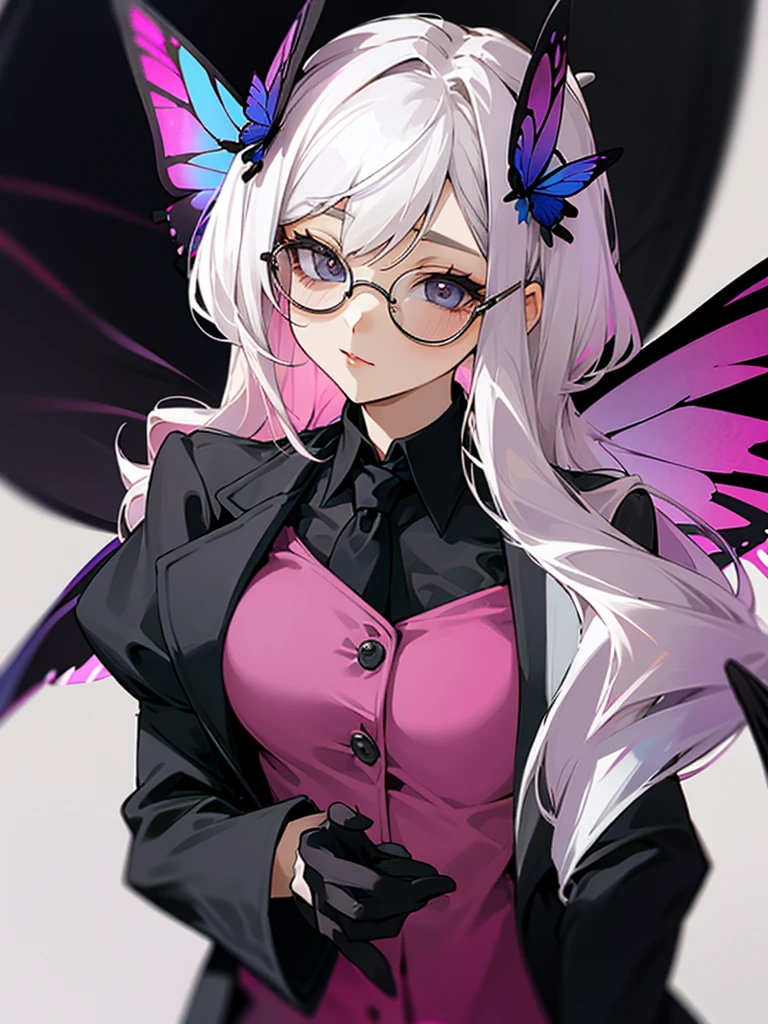 long black fur　Glasses　black and white suit　blue tie　PINK BUTTERFLY WINGS Woman