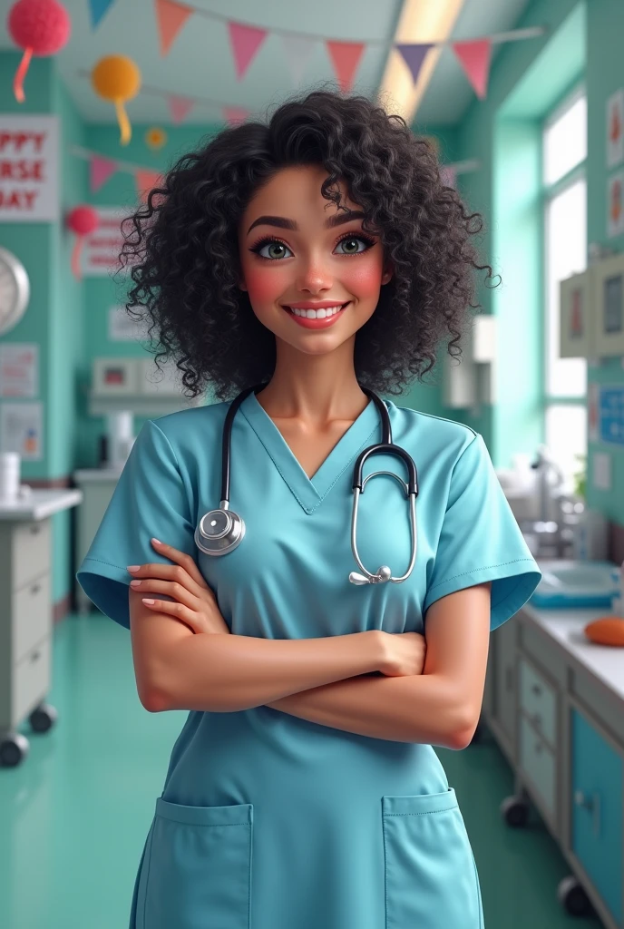 A realistic image of Nurse&#39;s Day today, August 30, that the character is a white-skinned nursing graduate, and curly black hair, with a nice smile. Many decorative details , happy nurse day signs, custody, Streamers, etc
