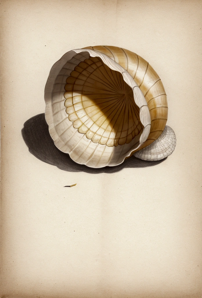 Pencil drawing of a sea shell on old, yellowed paper, no background,