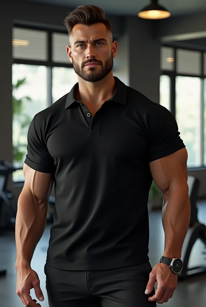 (Photorealism: 1.2), muscle man modeling a black polo shirt that looks good on him in a gym