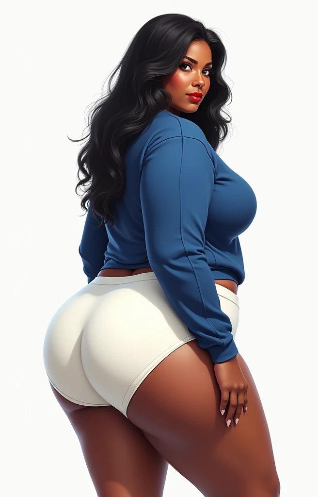 (masterpiece, best quality)), ((((perfect anatomy)))), Heavyset black woman with long black hair, dark eyeshadow, dark red lipstick, blue sweater, (((big white cotton panties))), big buttocks, (((realistic art style)))