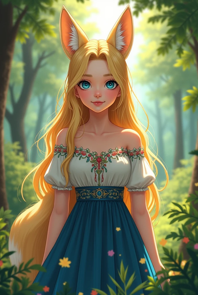 1 girl, Fox ears, big breasts, Blue eyes, Smile, heterochromia, bright pupils, the forest, long hair, blonde hair, Dress-Vyshivanka`(by makoto shinkai:1.2)`