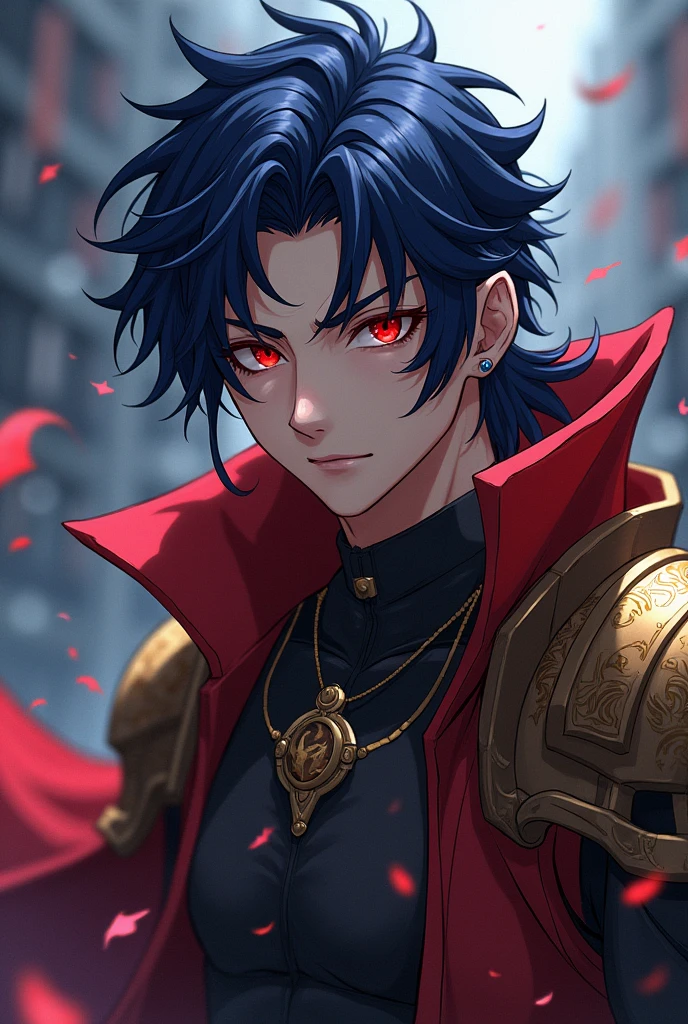 could you create a male character with the aesthetics of the anime jujutsu kaisen who has long dark blue hair, skewers, that conveys rebellion rough features bright intense red eyes fun and smiling expression He wears a golden knight armor inspired by scorpion, with angular lines and gold details