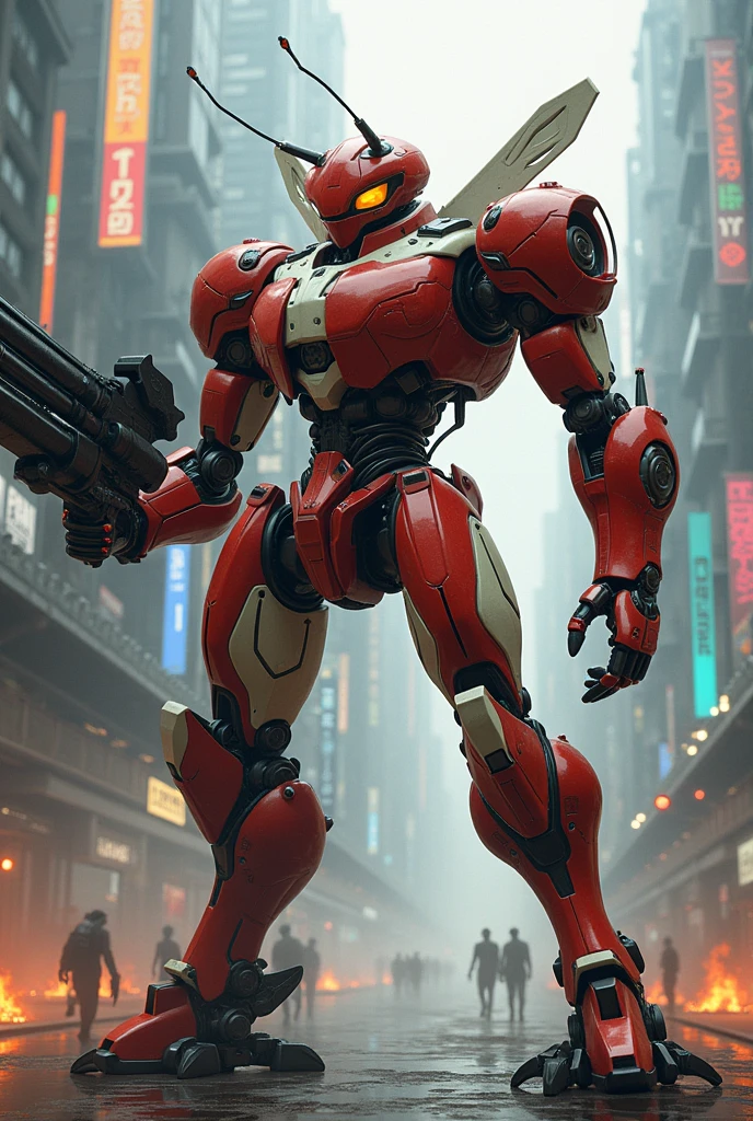 A standing ant robots with red and white body and have gun in hand, fighting with enemies, so many buildings and jumping street and great attack in cyberpunk city.