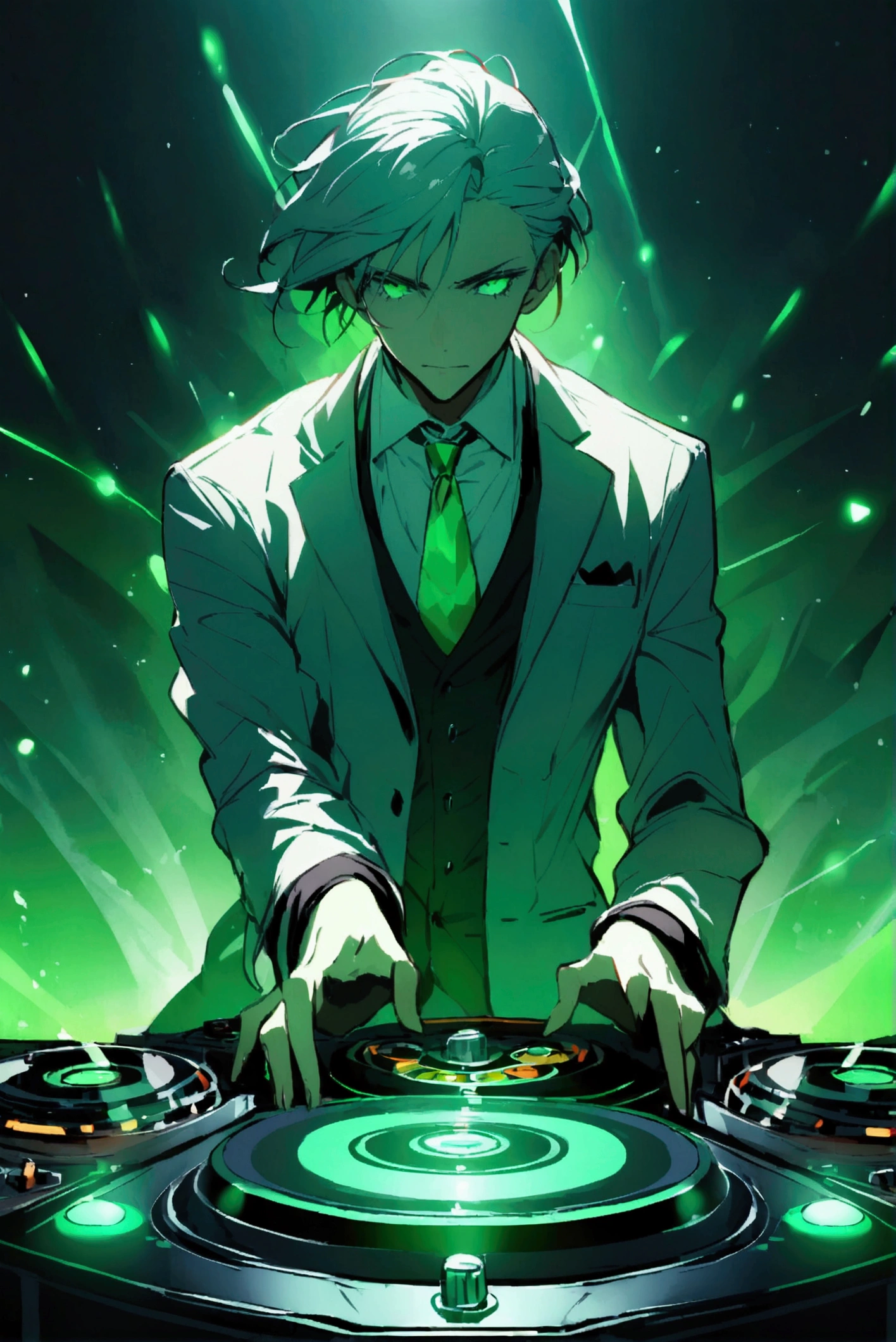 Dance Club, green lights, turntables in front