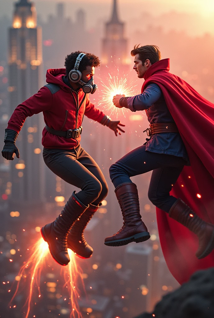 Young Star-lord with red hoodie, headphones, star-lord helmet, gas helmet, covered mouth, round red eyes, Red eyes, magic rings in the hands and rocket boots, Vs. Doctor strange , Fighting, power, fiction, full body, 2 person, magic lasso, hight, fall, fire in boots, poweful spells, fighting, realistic, helmet, mask, red cape, confrontation, punch, gun, flying in the sky, red magic portal, view of the city from above