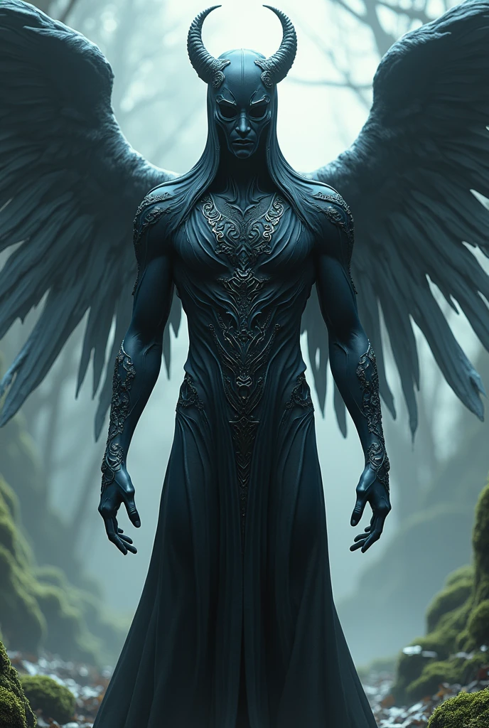 Can you help me create an image of the shadow monarch?, combined with Allen Walker&#39;s character from d gray man, with the mask of a joker, with angelic appearance, that it be rubberized without horn, with a joker mask, appearance that looks like a monarch of lss.somnras 