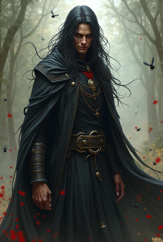 Crie um Guardião do Enxame do d&d. The character is a human male with a slender body, with a psychotic and frightening expression. He is surrounded by little insects, reflecting your connection to nature. Your skin is light brown, and he has long black hair, that cover part of your face, giving it a mysterious air. He wears black clothes, complemented by a long overcoat, all in a fantasy medieval style, with bright colors that contrast with its dark presence.