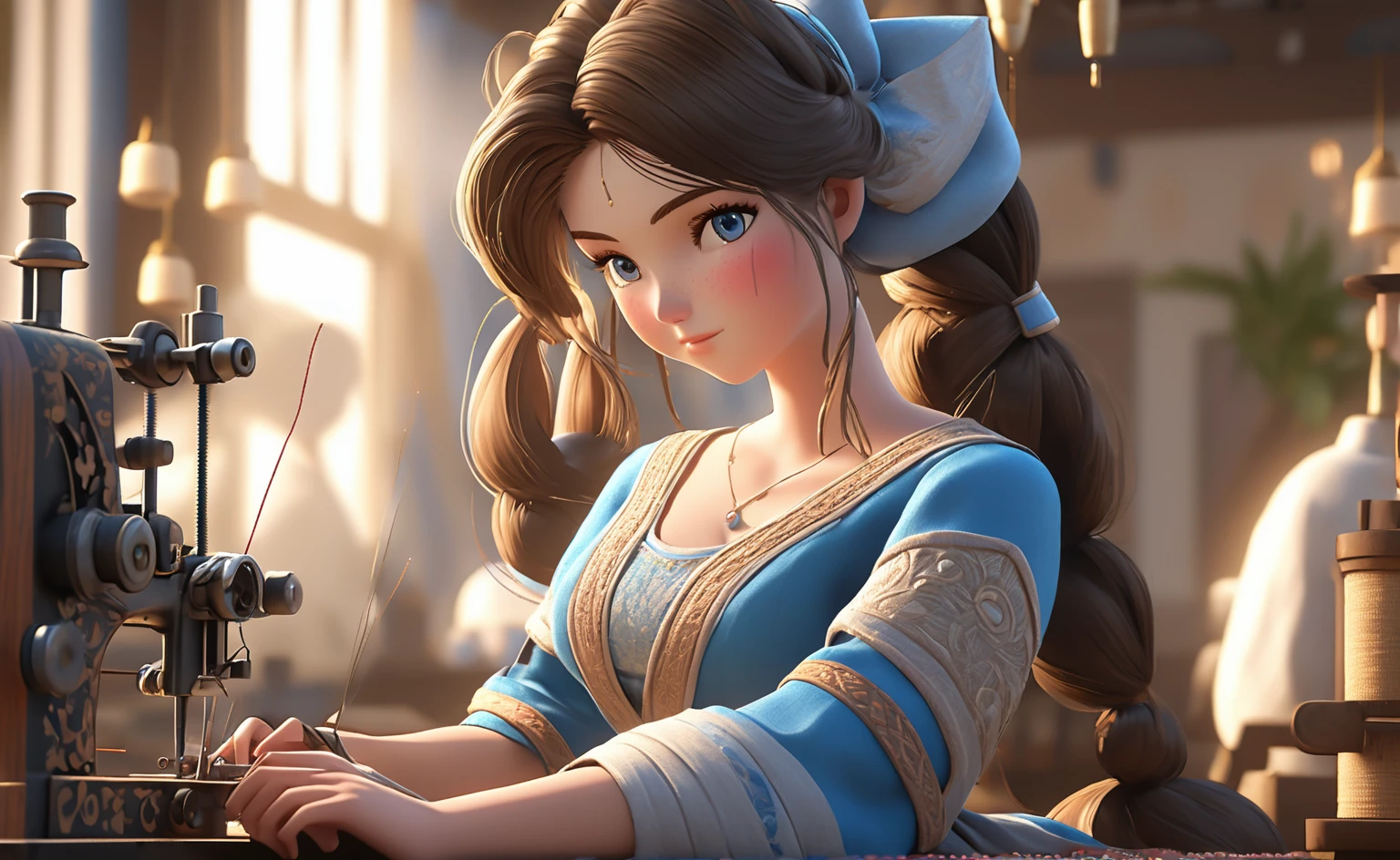 a poor woman named mai valentine, 2, working on a  stitching machine, ancient times, well clothed, 3d, realistic anime character, extremely detailed face and eyes, intricate details, photorealistic, cinematic lighting, dramatic shadows, beautiful blue eyes, delicate facial features, elegant hairstyle, detailed clothing, warm colors, masterpiece, 8k