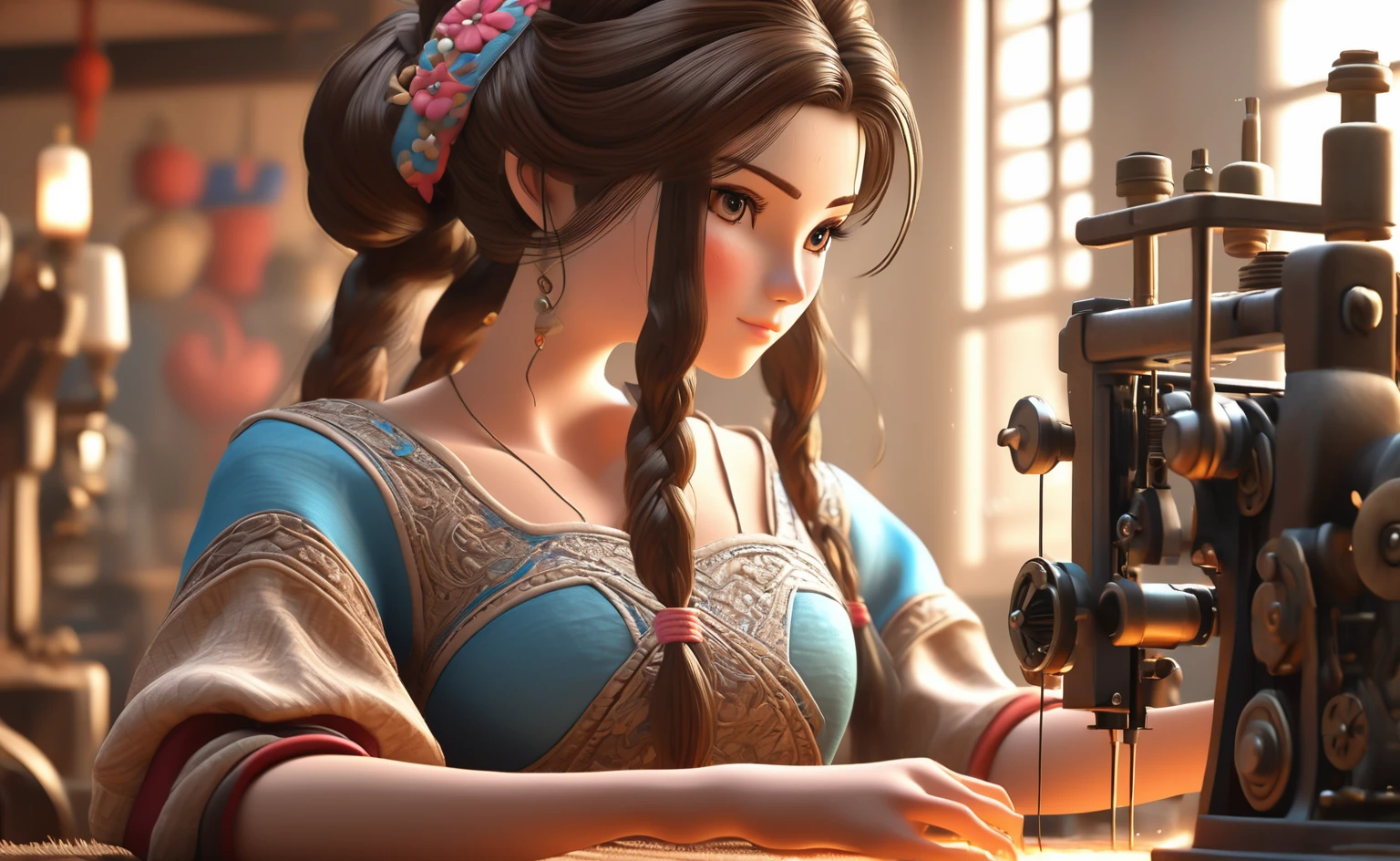 a poor woman named mai valentine, 2, working on a  stitching machine, ancient times, well clothed, 3d, realistic anime character, extremely detailed face and eyes, intricate details, photorealistic, cinematic lighting, dramatic shadows, beautiful blue eyes, delicate facial features, elegant hairstyle, detailed clothing, warm colors, masterpiece, 8k