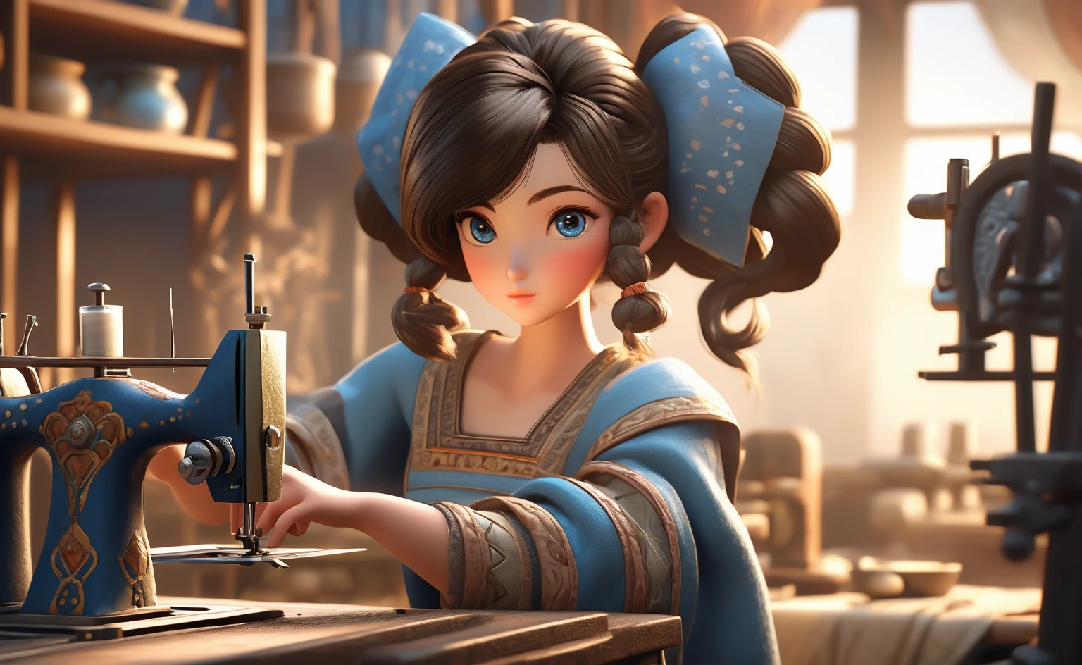 a poor woman named mai valentine, 2, working on a  stitching machine, ancient times, well clothed, 3d, realistic anime character, extremely detailed face and eyes, intricate details, photorealistic, cinematic lighting, dramatic shadows, beautiful blue eyes, delicate facial features, elegant hairstyle, detailed clothing, warm colors, masterpiece, 8k