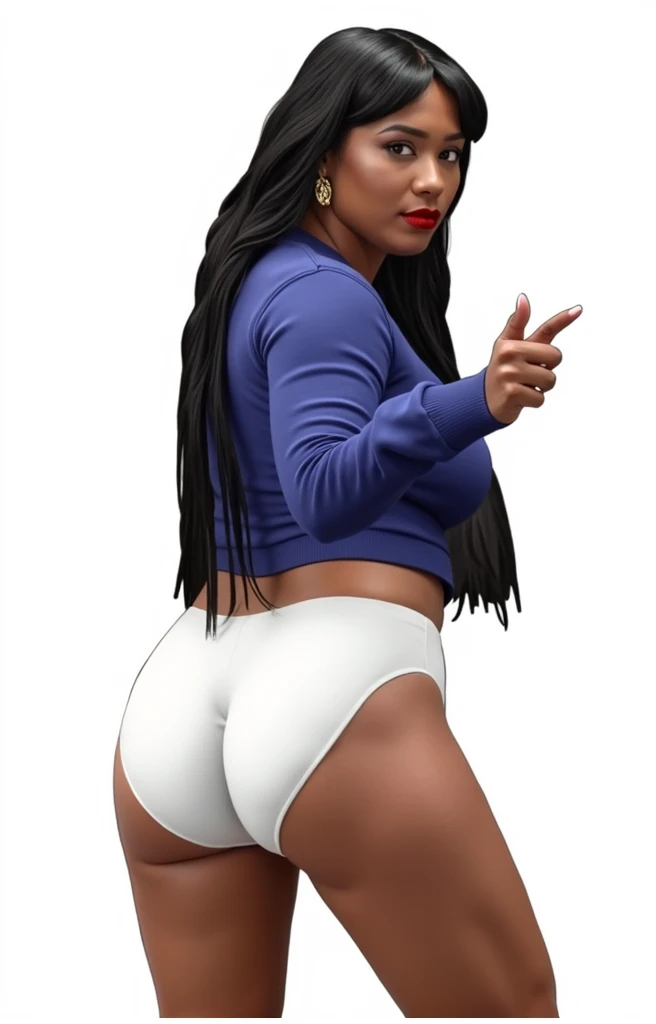 (masterpiece, best quality)), ((((perfect anatomy)))), Heavyset black woman with long black hair, dark eyeshadow, dark red lipstick, blue sweater, (((big white cotton panties))), big buttocks, (((photo realistic)))