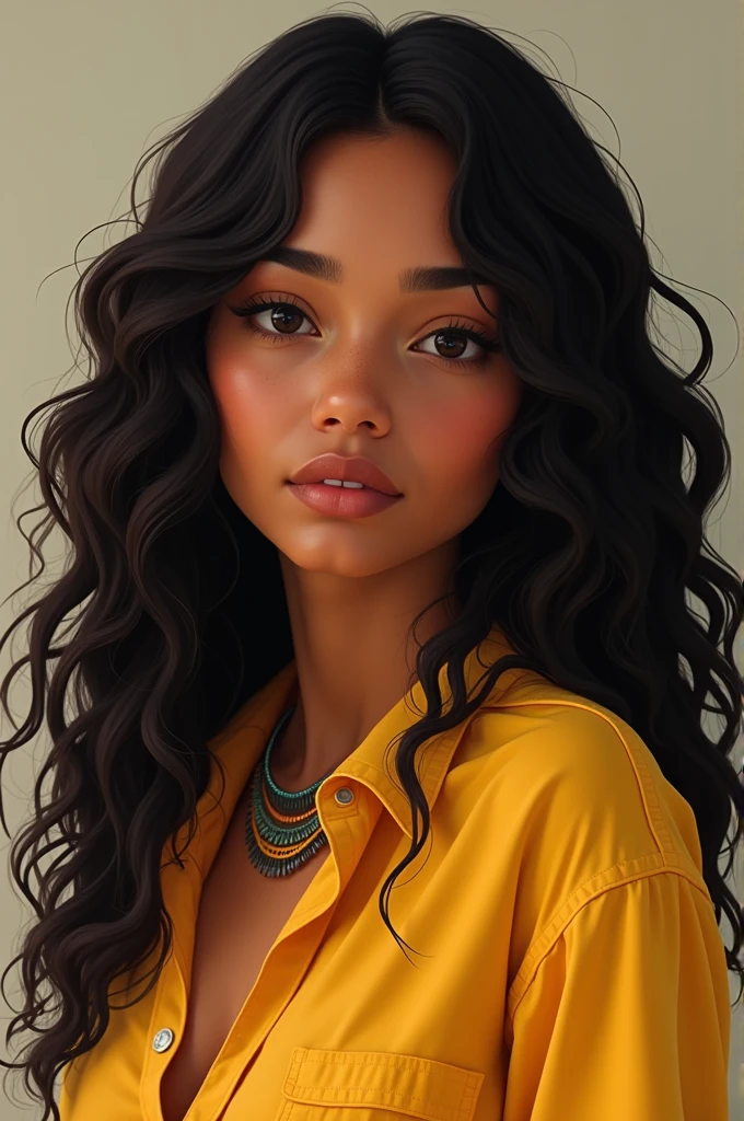 Here is the translation of your sentence into English:
"Beautiful perfect mulatto, with a lovely indigenous appearance, with beautiful black eyes, long curly hair, wearing a yellow shirt."