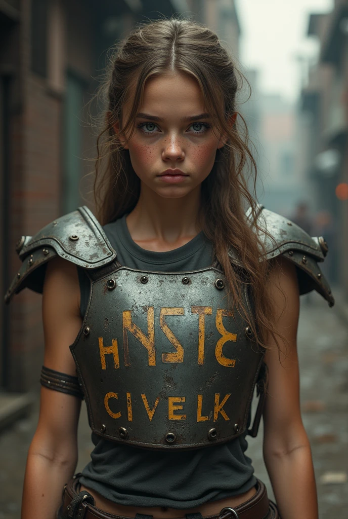Girl in a steel vest with the words "Kevser Civelek" written underneath