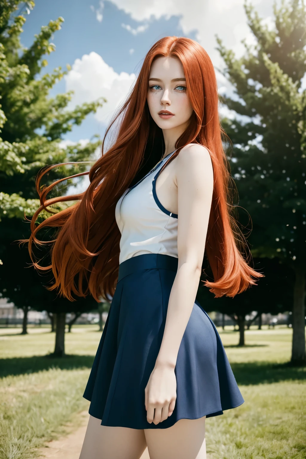 a one woman, long straight red hair, of the whole glass, perfectbody, muslos grandes, blue colored eyes, freckles on the face, face detailed, skirt short, standing, in a park, ray tracing, high resolution, super detaill, 8k, Overview