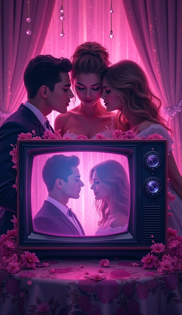 Create a soap opera cover with the name novelet and a TV in shades of purple and pink