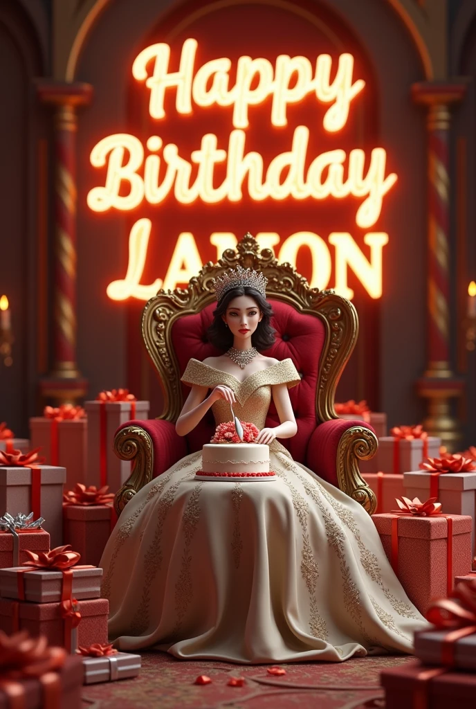 create realistic illusion image of A 1 queen is sitting on a queen chair and she is cutting the birthday cake there are many gifts kept next to it and Happy Birthday Lamon,3d text is written on the back wall