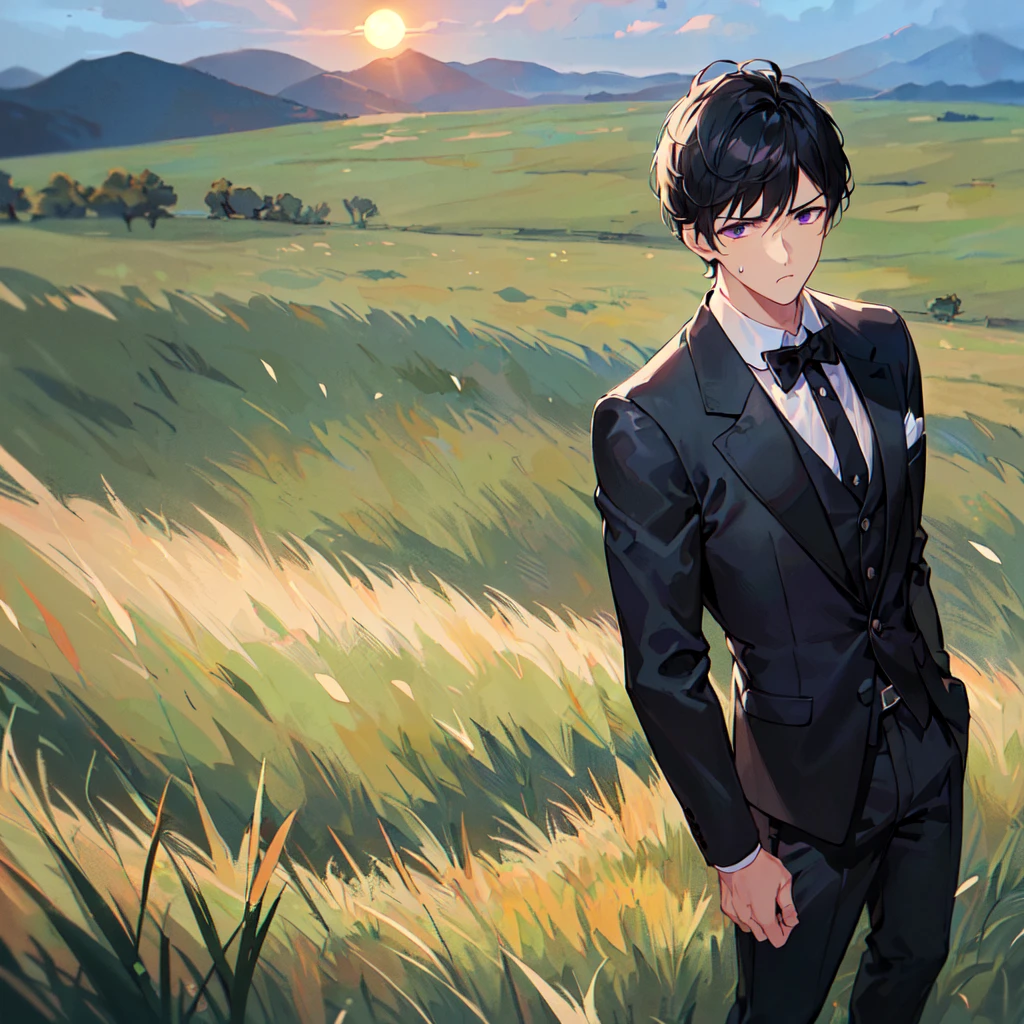 masterpiece,best quality,high quality,(1 male austere handsome solo adult age 30 years old:1.5), purple eyes, cool with suspended eyes, V-shaped eyebrows, body strong and fearless 8.5 head tall, height 185cm, (well-groomed black short hair:1.5), (bangs in three (black suit, black tie and black pants: 1.3), (standing: 1.3), (stylish pose), (cool sad expression: 1.3), (background grassland: 1.3) , (moaning sun: 1.3) , (upper body:1.3)