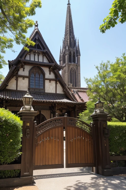 Gothic architecture、The exterior of the building is brown.、There is a little yellow、antique、Once you enter the gate, you'll find a large area with a path leading up to it.、There is a building at the end of the path、Victorian atmosphere、The gate is open and the path leads to the front door、Made of wood、The garden features a fountain, flowers, arches and plaster statues.、もっとThe entireお願い、Gothic castle feel!Solemn atmosphere、The entire、Overall, enough to include the garden、I want a composition where you look down on the building at an angle.