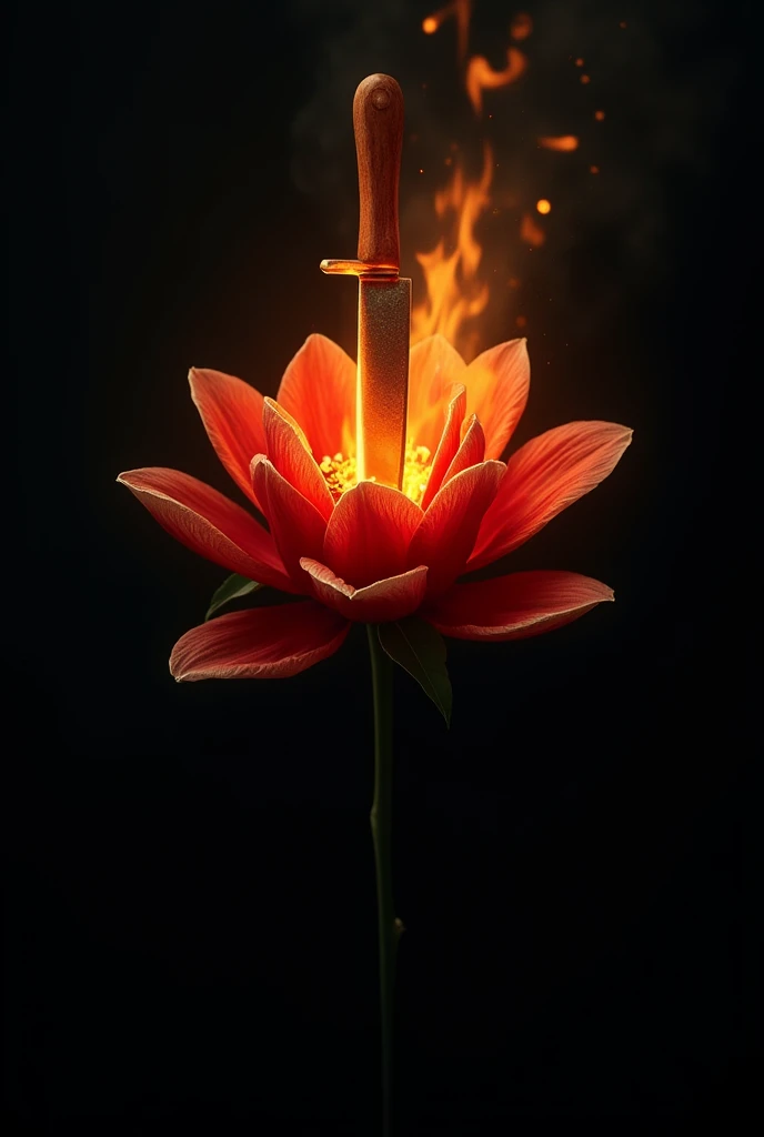 In a black baground a burning flower and a knife stabbing that flower expressing the hating love and fake people. Make the picture in the size of phone wallpaper