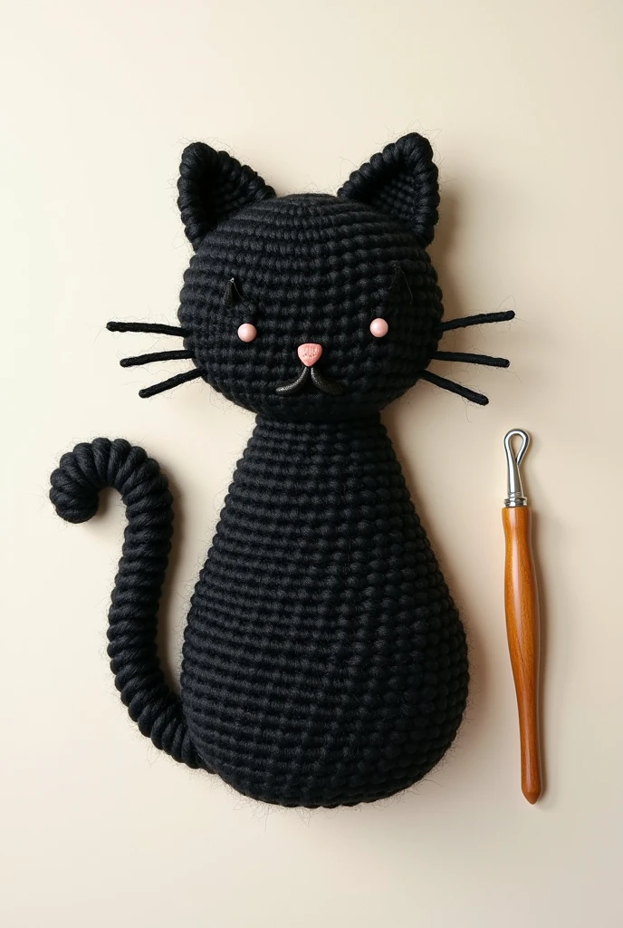 Black cat logo made of cotton thread. With crochet hook