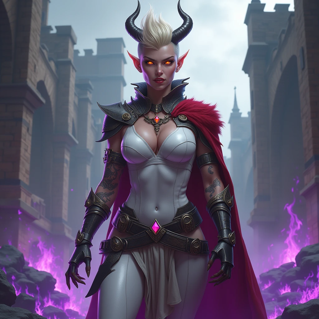 muscular physique, Extremely muscular blonde elf woman, white warrior empress uniform [the outfit shows her excellent physique]; has a long and extremely extravagant red cape that only reaches the shoulder pads; shaved punk undercut haircut, on the left side of the hair there is a dragon design, has a crown-shaped horn that starts at the back of the head at the nape of the neck, she is laughing like a villain and her teeth are clenched dragon fangs; her lizard-like collar is her fire-colored eyes; she has claws instead of nails; tribal Maori tattoos up to the forearm. She is laughing like a villain; the character is standing on the ruins of a medieval city with purple fire burning. 2.5D  drawing art. size 1920x1080 4k
