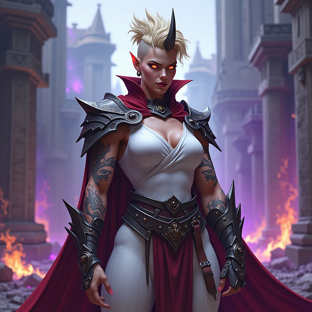 muscular physique, Extremely muscular blonde elf woman, white warrior empress uniform [the outfit shows her excellent physique]; has a long and extremely extravagant red cape that only reaches the shoulder pads; shaved punk undercut haircut, on the left side of the hair there is a dragon design, has a crown-shaped horn that starts at the back of the head at the nape of the neck, she is laughing like a villain and her teeth are clenched dragon fangs; her lizard-like collar is her fire-colored eyes; she has claws instead of nails; tribal Maori tattoos up to the forearm. She is laughing like a villain; the character is standing on the ruins of a medieval city with purple fire burning. 2.5D  drawing art. size 1920x1080 4k