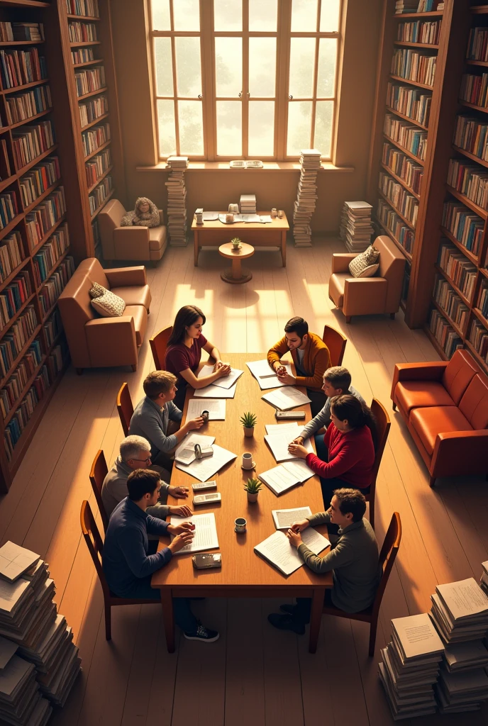 Imagine a warm and inviting library with tall shelves stacked with books that seem to stretch up to the ceiling. The room is filled with comfortable seating areas, where people are engaged in quiet contemplation, reading, or typing away on their laptops. Soft, golden lighting illuminates the space, casting a cozy glow on the rows of books and the individuals absorbed in their studies. In the foreground, a group of people from diverse backgrounds and ages are seated at a large, wooden table, surrounded by piles of books and papers, engaged in a lively discussion or collaborative project.