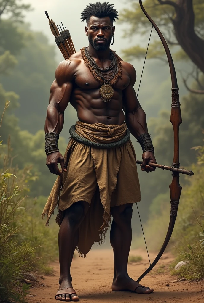 A realistic image of an athletic African man representing an African hunter. He has a striking masculine beauty, with a fit and muscular physique that conveys strength and agility. He is wearing traditional hunter's clothing in green, including a hood that adds a sense of mystery and skill. His attire is designed to blend with the natural surroundings. He is holding a traditional bow and a quiver of arrows, showcasing his expertise as a hunter. His posture is confident and focused, emphasizing his readiness and skill. The background hints at a natural, wilderness setting, enhancing the sense of adventure and the essence of an African hunter's life