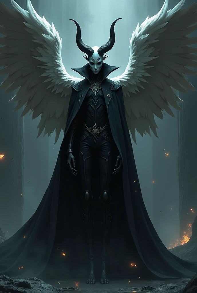 Can you help me create an image of the shadow monarch?, combined with Allen Walker's character from d gray man, with the mask of a joker, with angelic appearance, that it be rubberized without horn, with a joker mask, look like a monarch of the shadows, to be seen in human form, not possessed