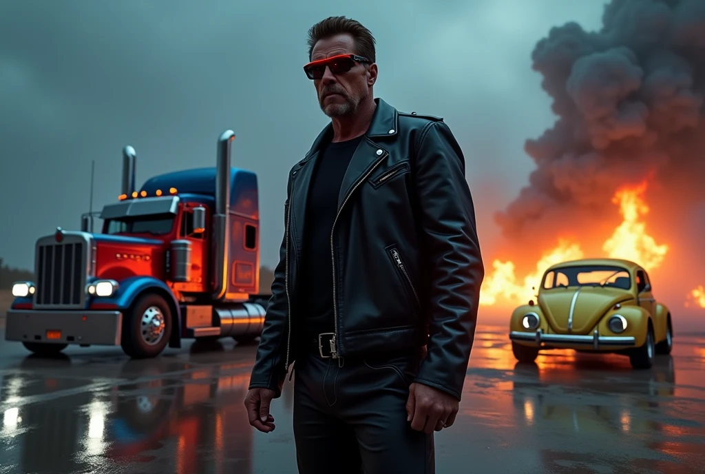 in the foreground is Arnold Schwarzenegger as the Terminator, one of Arnold's eyes glows like a red LED, he wears all black clothes, he is wearing sunglasses, he is wearing black leather jacket, He stands next to Optimus Prime as an old red and blue 1987 Freightliner COE truck., the truck's paint simulates fire stains in blue and red colors, on the other side there is an old yellow Beetle with its headlights on, lens flare effect, Raby, lens flares, reflection on the floor, the image is as realistic as a mirror, extremely realistic size ratio