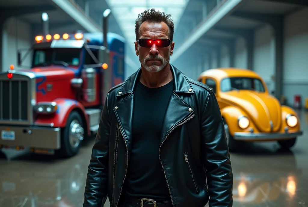 in the foreground is Arnold Schwarzenegger as the Terminator, one of Arnold's eyes glows like a red LED, he wears all black clothes, he is wearing sunglasses, he is wearing black leather jacket, He stands next to Optimus Prime as an old red and blue 1987 Freightliner COE truck., the truck's paint simulates fire stains in blue and red colors, on the other side there is an old yellow Beetle with its headlights on, lens flare effect, Raby, lens flares, reflection on the floor, the image is as realistic as a mirror, extremely realistic size ratio