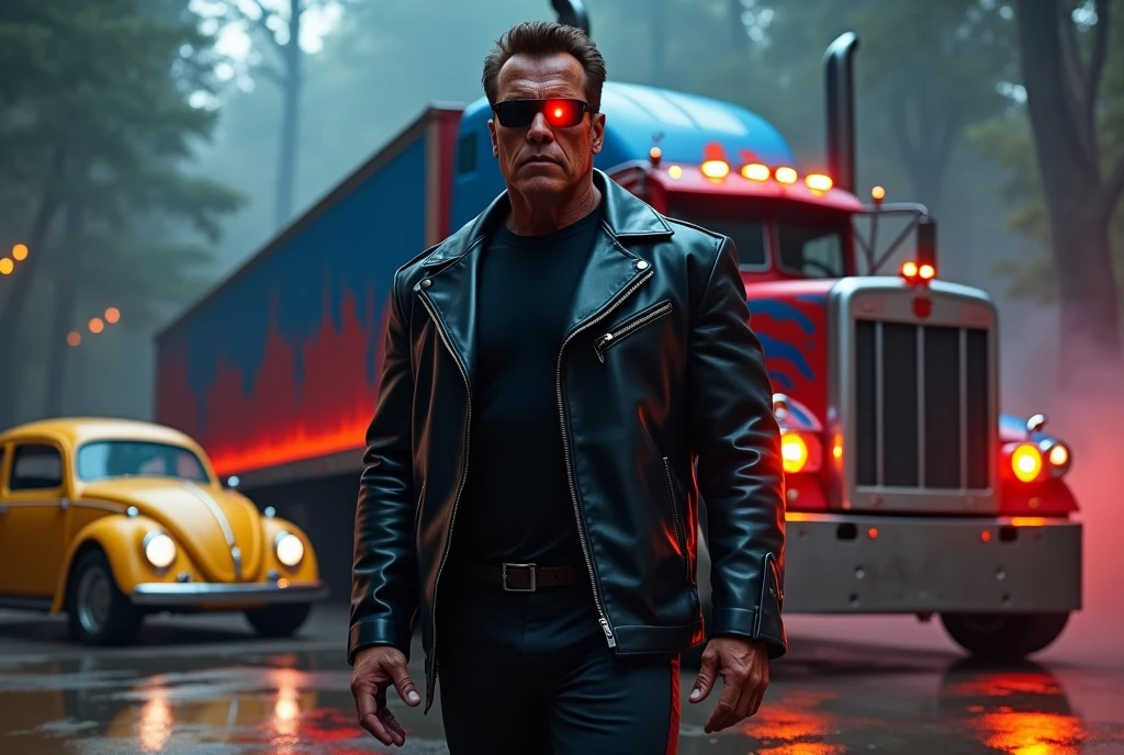 in the foreground is Arnold Schwarzenegger as the Terminator, one of Arnold's eyes glows like a red LED, he wears all black clothes, he is wearing sunglasses, he is wearing black leather jacket, He stands next to Optimus Prime as an old red and blue 1987 Freightliner COE truck., the truck's paint simulates fire stains in blue and red colors, on the other side there is an old yellow Beetle with its headlights on, lens flare effect, Raby, lens flares, reflection on the floor, the image is as realistic as a mirror, extremely realistic size ratio
