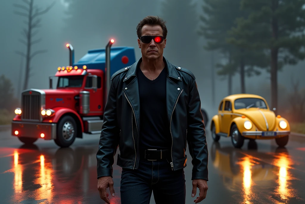 in the foreground is Arnold Schwarzenegger as the Terminator, one of Arnold's eyes glows like a red LED, he wears all black clothes, he is wearing sunglasses, he is wearing black leather jacket, He stands next to Optimus Prime as an old red and blue 1987 Freightliner COE truck., the truck's paint simulates fire stains in blue and red colors, on the other side there is an old yellow Beetle with its headlights on, lens flare effect, Raby, lens flares, reflection on the floor, the image is as realistic as a mirror, extremely realistic size ratio