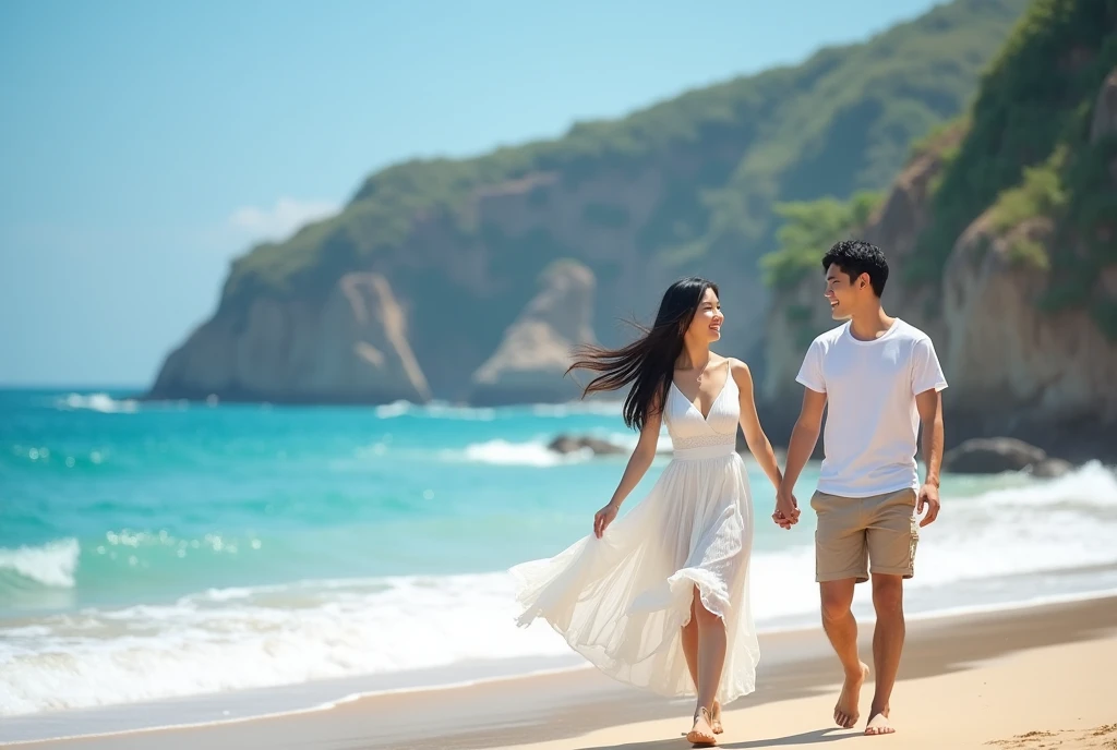 High Resolution, Masterpiece, Accurate, Best Quality, Detail, High Quality, realistic photo. A young 20 years old asian women, long dark hair, white skin, wearing a white long dress, height: 155 cm, weight: 45 kg. A 2 man, short hair, white skin, wearing a white t-shirt, height: 160 cm, weight: 55 kg. They are walking hand in hand on a sandy Bali beach. The man is wearing a white shirt and khaki shorts, while the woman has long dark hair. They are both smiling and appear to be enjoying each other's company. In the background, there is a beautiful view of the ocean and a rocky cliff. The sky is blue and the overall mood of the image is peaceful and romantic.