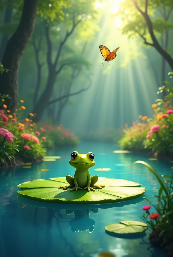 small, Bright green frog、big, Expressive eyes、静かな真ん中にあるbig睡蓮の葉の上に座っている, Blue Pond. The background is dense, Colorful flowers and trees々The sunlight shining through the gaps、Vibrant green forest. The frog is looking up at the butterfly flying overhead.