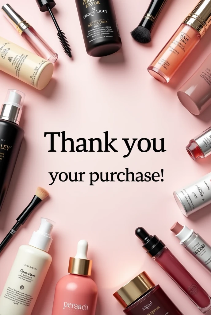 A thank you image at the end of an online purchase, Containing the Text "Thank you for your purchase" in Spanish Castilian, Surrounded by unbranded and unlabeled products, as hair care, skin care, beauty products and perfumes. Elegant and fun