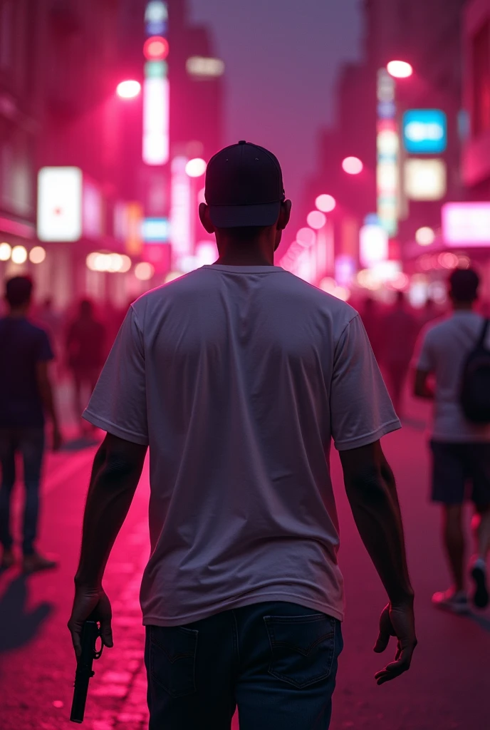 A back shot of a man walking on a side road wearing a cap and a white T-shirt, he's holding a gun in his hand, a lot of people can also be seen walking, night time, city environment. Pink tone. 