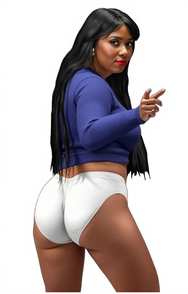 (masterpiece, best quality)), ((((perfect anatomy)))), Heavyset black woman with long black hair, dark eyeshadow, dark red lipstick, blue sweater, (((big white cotton panties))), big buttocks, (((photo realistic)))
