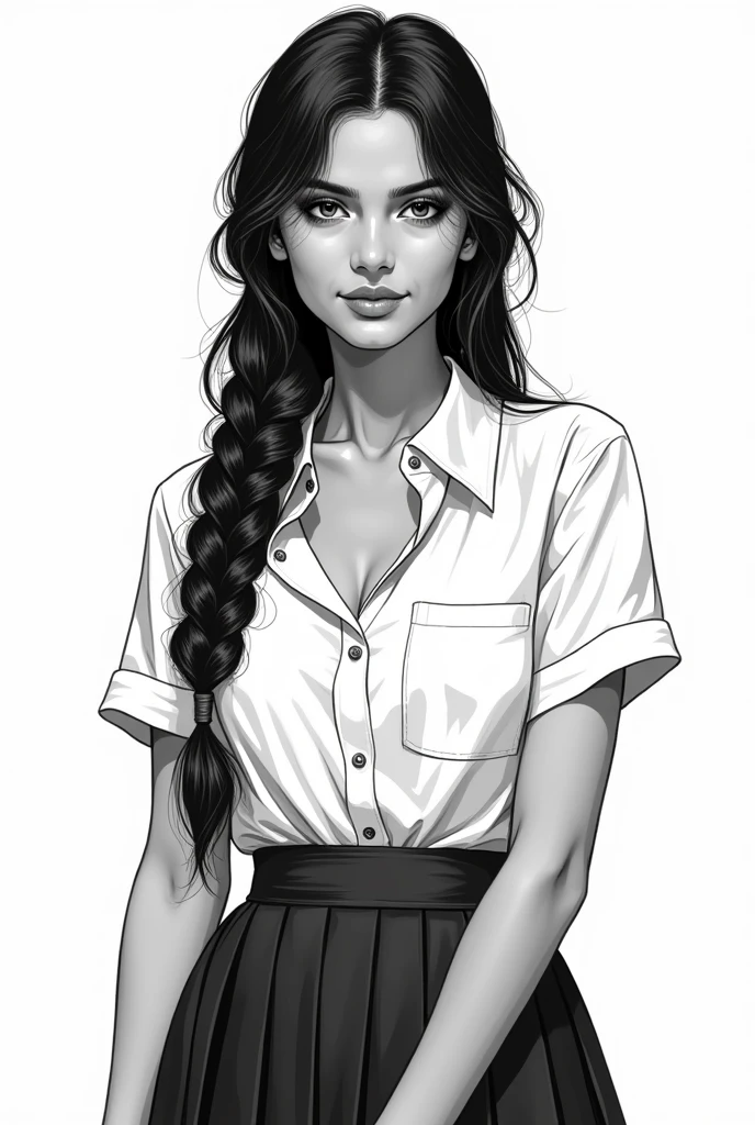 Beautiful African American coloring page, photorealism,16K realism, Hyper-realistic, bold line art, long detailed braids in ponytail with hair, long eye lashes, almond shape eyes, slim thick, no cleavage showing. Coloring book, line art, pants suit