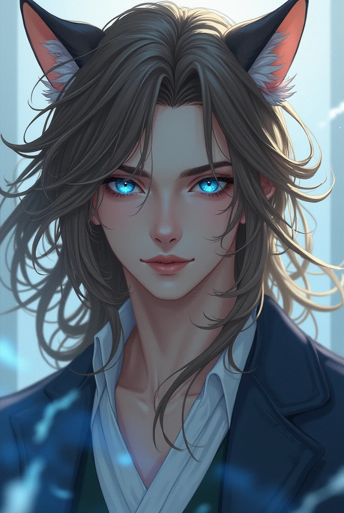 A man with blue cat eyes and long light brown hair manhwa